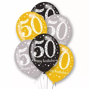 50th Birthday Party Balloons Black Silver Gold Decorations Age 50 Balloons x 6 - Picture 1 of 2