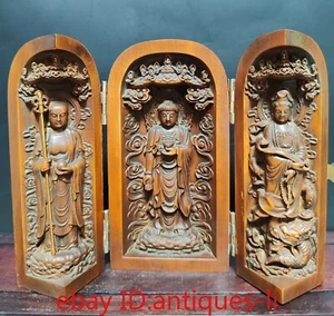 3.9"Chinese Boxwood Carving Antique Three-open Box Brahma Three Saints - Picture 1 of 8