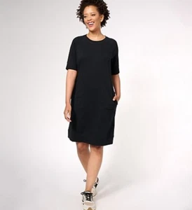 Denim & Co. Active French Terry Round Neck Elbow Sleeve Dress Black S A608484 - Picture 1 of 5
