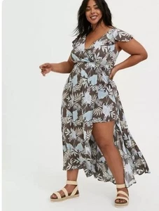 Torrid Walk-Through Gauze Maxi Romper Dress Shorts Size 4 / 4X Blue Floral Mint - Picture 1 of 11