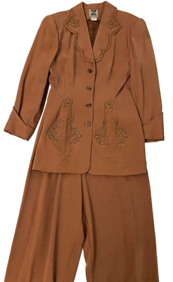 Traje Zelda vintage de los años 90 2 piezas chaqueta marrón con cuentas y pantalones sueltos fluidos talla 8 Foto 1 de 4