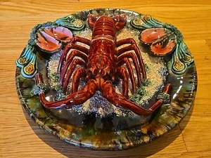 Vintage Palissy Style Majolica Lobster Sea Scape 13" Plate, Ceramic, Repaired - Picture 1 of 12