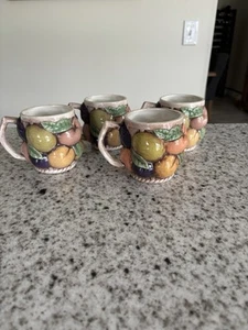 MCM Art Ceramic Mugs Fruit Hand Painted Signed Set Of 4 - Picture 1 of 4