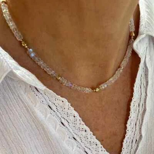 AAA Rainbow Moonstone Faceted Gemstone Necklace, 4.5mm Blue Flash Choker Jewelry - Picture 1 of 9