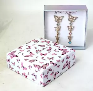 Betsey Johnson Gold Tone Butterfly Love Linear Drop Earrings Crystal Accents New - Picture 1 of 8