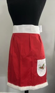 Delantal rojo y blanco Navidad 1/2 acebo de pascua bolsillo plisado piel recortada - Imagen 1 de 9