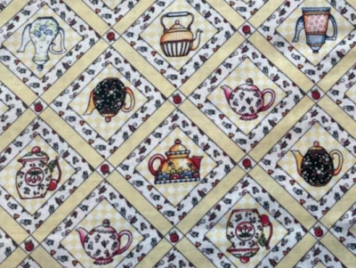 1/2 Yd Mary Engelbreit Quilt Fabric Yellow Teapot Cup of Kindness Tea Pot Square - Image 1 of 3