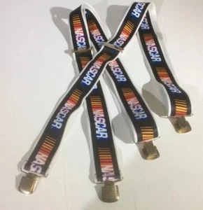 NASCAR Racing Stripes Rainbow Colors Gold Tone Hardware White Suspenders *STAIN - Bild 1 von 6