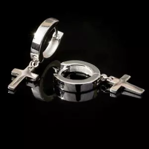 Men's White Gold Plated Sterling Silver Cross Dangle Drop Huggie Hoop Earrings - Picture 1 of 4