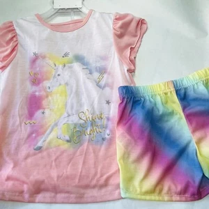 Girls Small 6 6x Unicorn Pajama Set Rainbow Shorts Shirt Pajamas - Picture 1 of 8