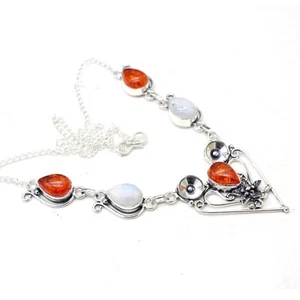 925 Sterling Silver Baltic Amber & Moonstone Gemstone Jewelry Necklace Siz-17-18 - Picture 1 of 9