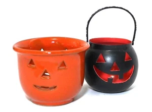 Jack-O-Lantern Halloween Portacandele Zucca Arancione Nero Set 2 - Foto 1 di 7