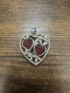 Vintage Sarah Coventry Silver Tone Heart & Flowers- Simulated Red Ruby Pendant - Picture 1 of 3
