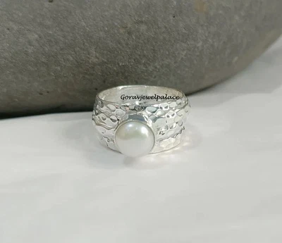 Handmade Pearl Ring: Hammered 925 Sterling Silver Band Ring  All Size - Image 1 of 4