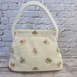 Vintage Corde Beaded Floral Purse Handbag White With Pink Flowers - Picture 1 of 15