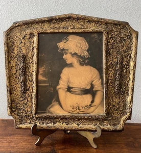 Antique Art Nouveau Gold Plaque, Little Girl w/Roses - Picture 1 of 9