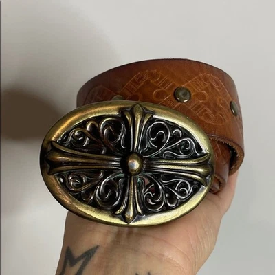 Linea Pelle Brown Leather Belt Ornate Cross Buckle Size Medium - Image 1 of 4