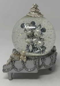 Disney  Mickey & Minnie Mouse Snowglobe Grand Piano Silver Metallic Vintage - Picture 1 of 8