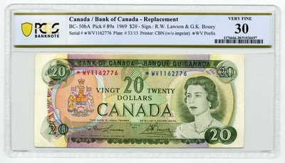 1969 $20 Bank of Canada, BC-50bA, *WV Replacement - Choice Very Fine, PCGS VF30 - Image 1 of 2