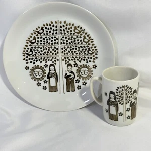 70’s Porsgrund Norway Tree Of Life Plate & 60’s Child’s Cup Boy Holding Cat - Picture 1 of 6
