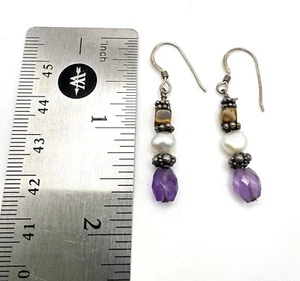 925 Sterling Silver Earrings Tigers Eye Pearl Amethyst - Picture 1 of 3