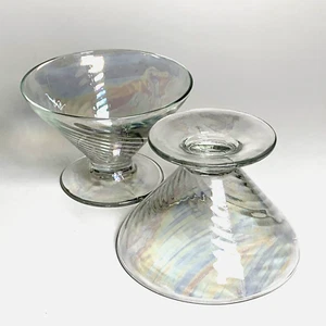 Vintage Iridescent Glass Dessert Bowls Footed Pedestal Swirl Design Set of 2 - Imagen 1 de 8