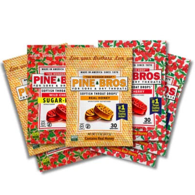 Gotas para dolor de garganta Pine Bros., 24 bolsas (8 cerezas + 8 miel + 8 sabor sin azúcar) Foto 1 de 4