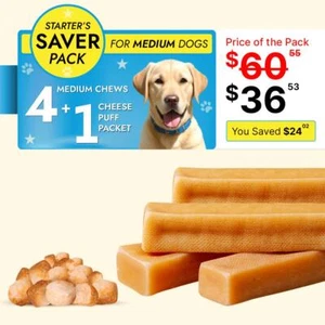 Yak Cheese Dog Chew pack for Medium dogs - 4 Yak Chews + 1 Cheese Puffs for dogs - Picture 1 of 11