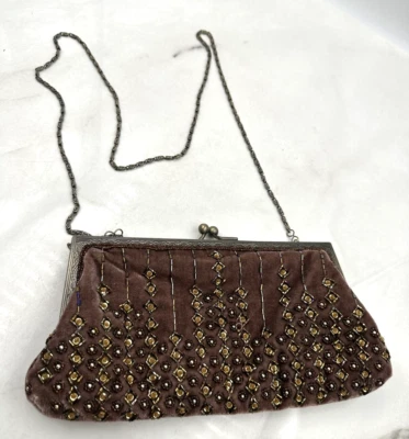 Vintage Betty K Designs Purse Purple Velvet Beaded Sequined Gold Chain Strap - Image 1 of 4