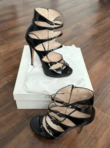 New Casadei Black Patent Leather Peep Toe High Heels Bootie Sandal For Women 37 - Picture 1 of 7