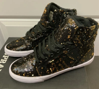 RARO SUPRA Mujer Zapatos Skytop Metálicos Negro Metálico Dorado Lentejuelas Talla 5 Foto 1 de 4