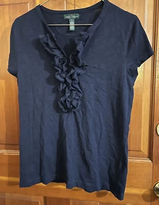 LRL RALPH LAUREN JEANS CO WOMEN Large TOP RUFFLE BLOUSE SHIRT Blue - Picture 1 of 4