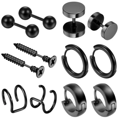 Juego de 6 pares de aretes con clip de acero inoxidable con barra de tornillo para hombre y mujer Foto 1 de 4