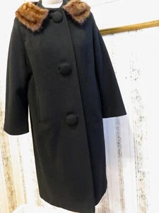 1960's Jacki-O Black Wool Cashmere Coat Genuine Mink 2-Way Collar Size 8/Medium - Picture 1 of 11