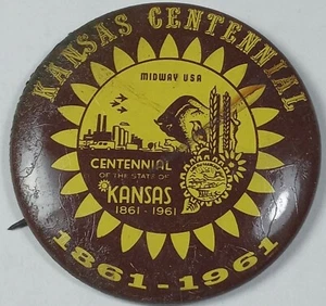 1961 KS Sunflower Centennial Brown Yellow Pinback Button 60's - Picture 1 of 2