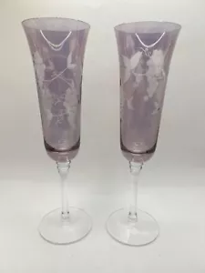 Pair Vintage Amethyst Purple Etched Grape Glass Champagne Flutes Wine Glasses - Picture 1 of 6