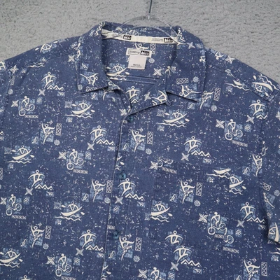 Vintage REI CO-OP Hawaiian Shirt Mens L Barkcloth Blue Loop Collar Heavy Cotton - Image 1 of 4