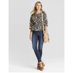 Blusa Universal Hilo Pequeña Peplum Azul Floral Manga Bishop Algodón Rayón  - Imagen 1 de 10