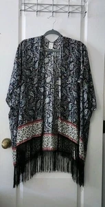 Women's fringe paisley Summer kimono Bohemian Cover-up 100% Rayon Blue One Size - Picture 1 of 9