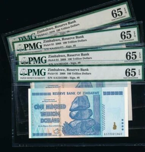 Zimbabwe 100 TRILLION DOLLAR BILL AA/2008, PMG 65EPQ certified gem (price for 1) - Picture 1 of 3