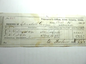 Rare 1864 Civil War Era Property Tax Receipt Allen Co. Ohio - Picture 1 of 5