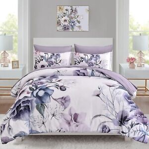 Floral Comforter Set King Size 7 Piece, Purple Flower Bed in a Bag, Elegant Flor