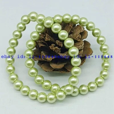 Красивый 2 изделия 8 мм зеленый раковина жемчуг круглый браслет из бусин 7,5 дюйма подарок женщин - Изображение 1 из 3