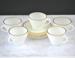 Anchor Hocking Fire King Golden Shell Cup and Saucer White Milk Glass Set of 5 - Picture 1 of 9