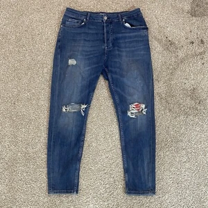 Jeans Zara Para Hombres 34 Calce Ajustado Desteñido Corto Lavado Oscuro Cónico Azul Envejecido Elastizado - Imagen 1 de 10