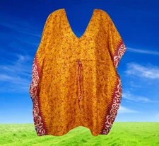 Womens Recycle Sari Dresses, Travel Caftan Short Dress, Orange Print Dress M-XL