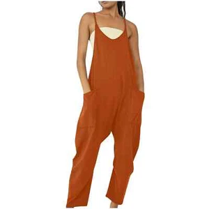 Romper Jumpsuit Overalls Adjustable Sleeveless Harem Spaghetti Strap Rust L - Picture 1 of 11