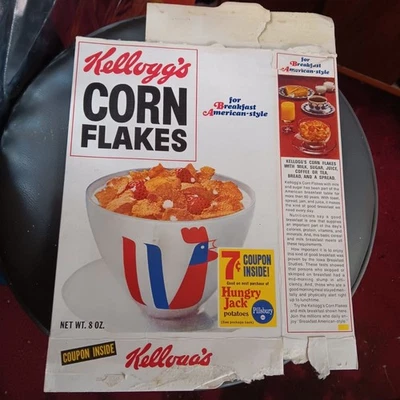 Caja vintage Kelloggs Corn Flakes 8 oz Friendly Folks años 70 1973 Foto 1 de 4