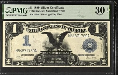 1899 $1 Silver Certificate Mule Blue Seal Fr# 236m PMG VF30 EPQ Black Eagle - Image 1 of 2