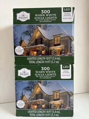 2 Holiday Time 300 ct Warm White LED Icicle 600 Christmas Lights White Wire 19' - Image 1 of 4